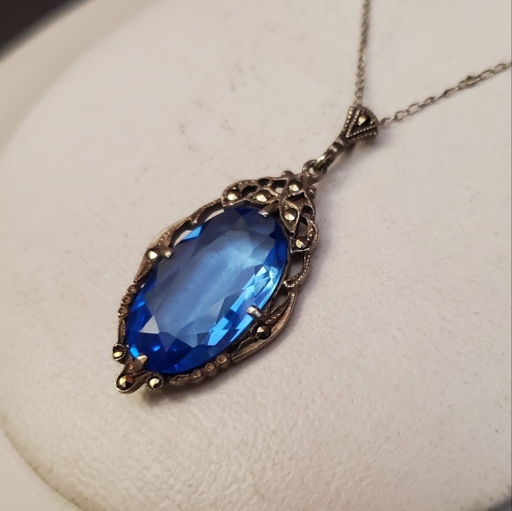 Art Deco Sterling Marcasite Jewelled Pendant - Picture 3 of 10